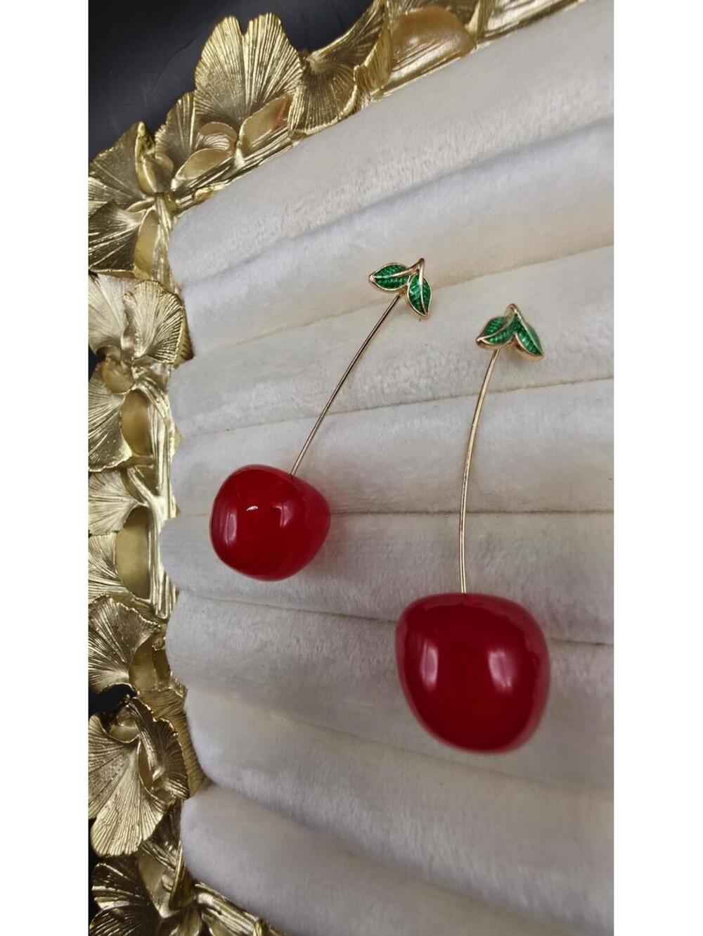 Cherry Drop Earrings Red Fruit Statement with Green Leaf Accents Gold-Tone Stem